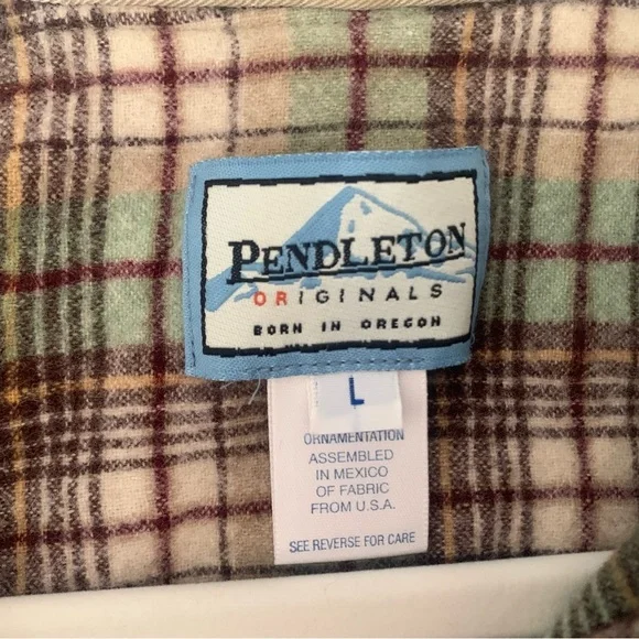 Pendleton Vintage Green and Brown Plaid Button Down 100% Wool Shirt - L - Picture 3 of 8